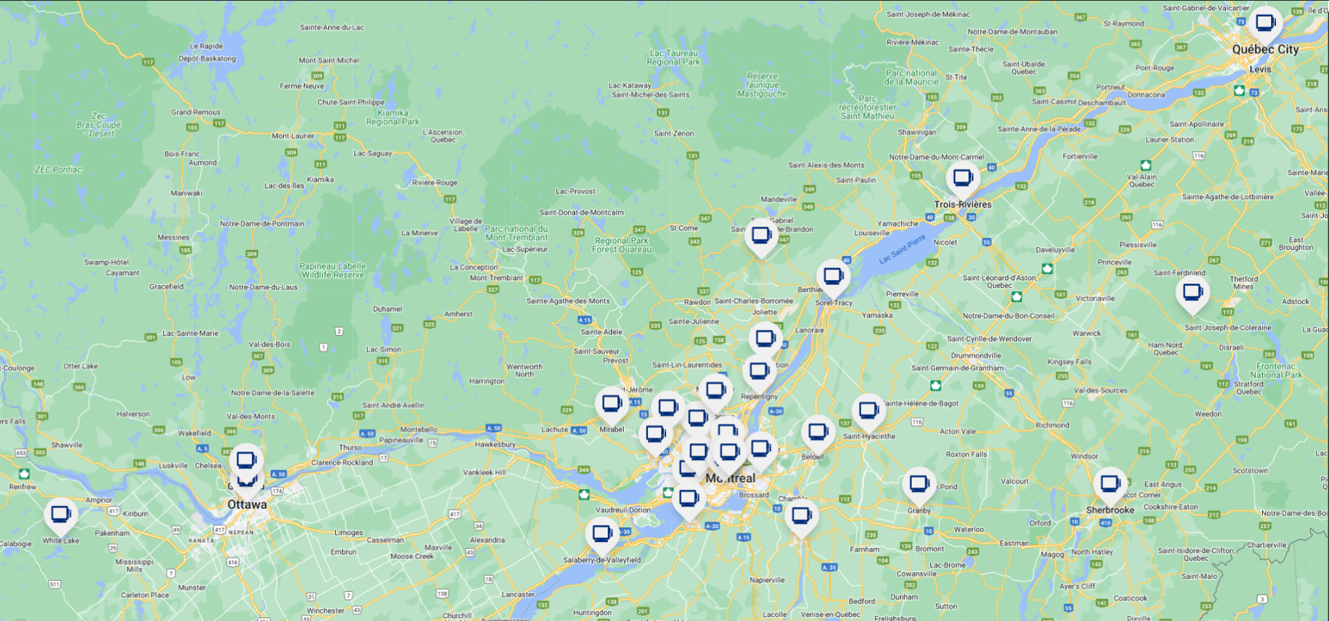 Carte du Québec contenant les villes identifiées par HauteTechOrientale
